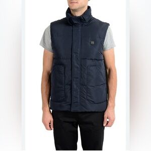 Roberto Cavalli Men’s Duck Down Puffer Vest Navy Blue Size 54 XL Hooded